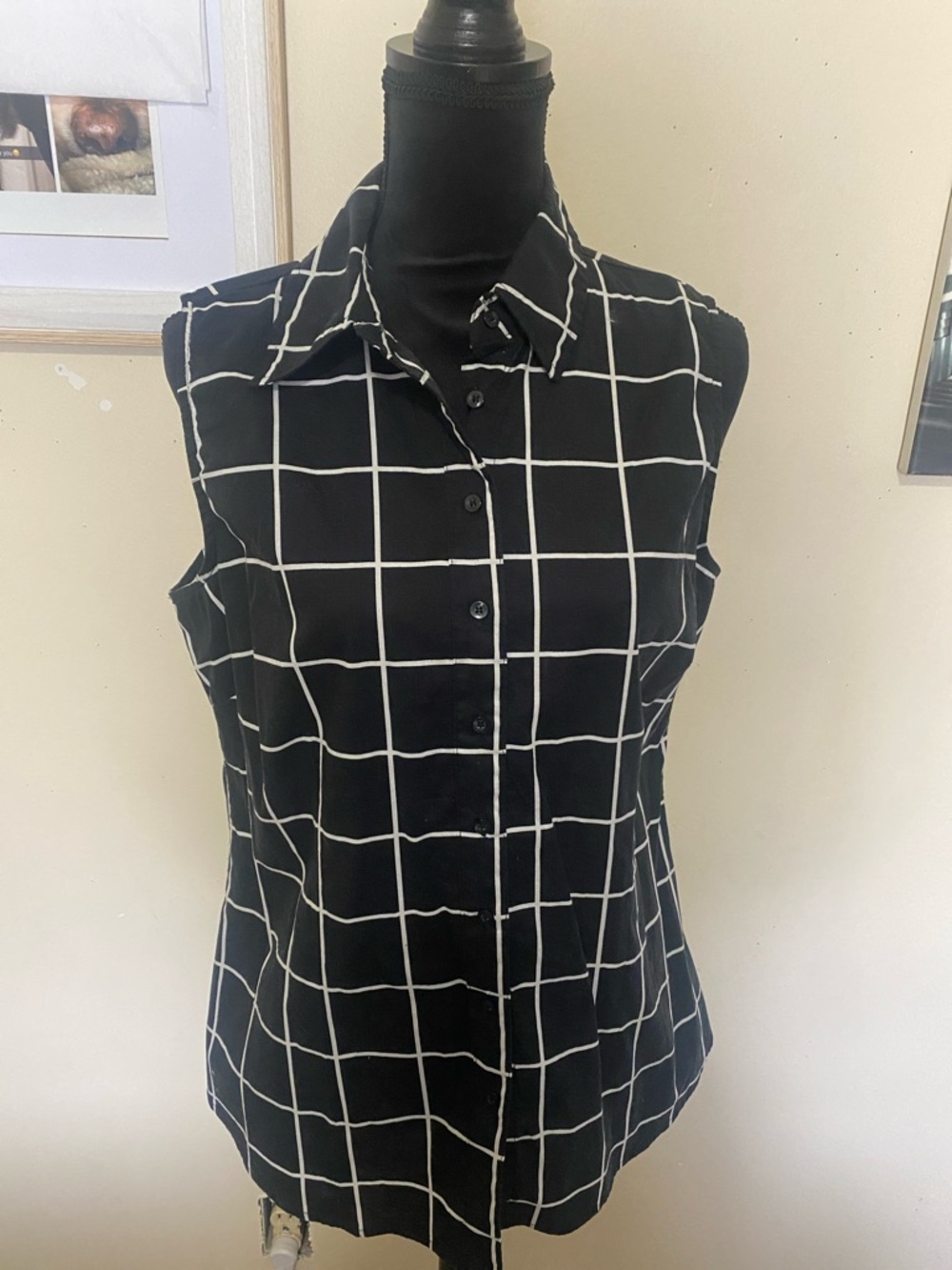 Chadwicks Black and White Windowpane Sleeveless Button-Front Top